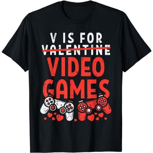V Is For Video Games Funny Valentines Day Gamer Boy Men Gift T-Shirt - Picture 3 of 3
